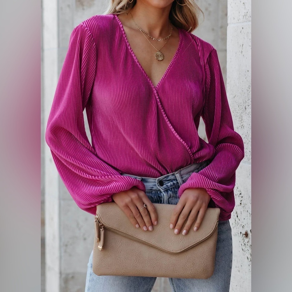 Cupshe Magenta Long Sleeve Peasant Blouse Women’s Small V Neck Surplice Wrap Top